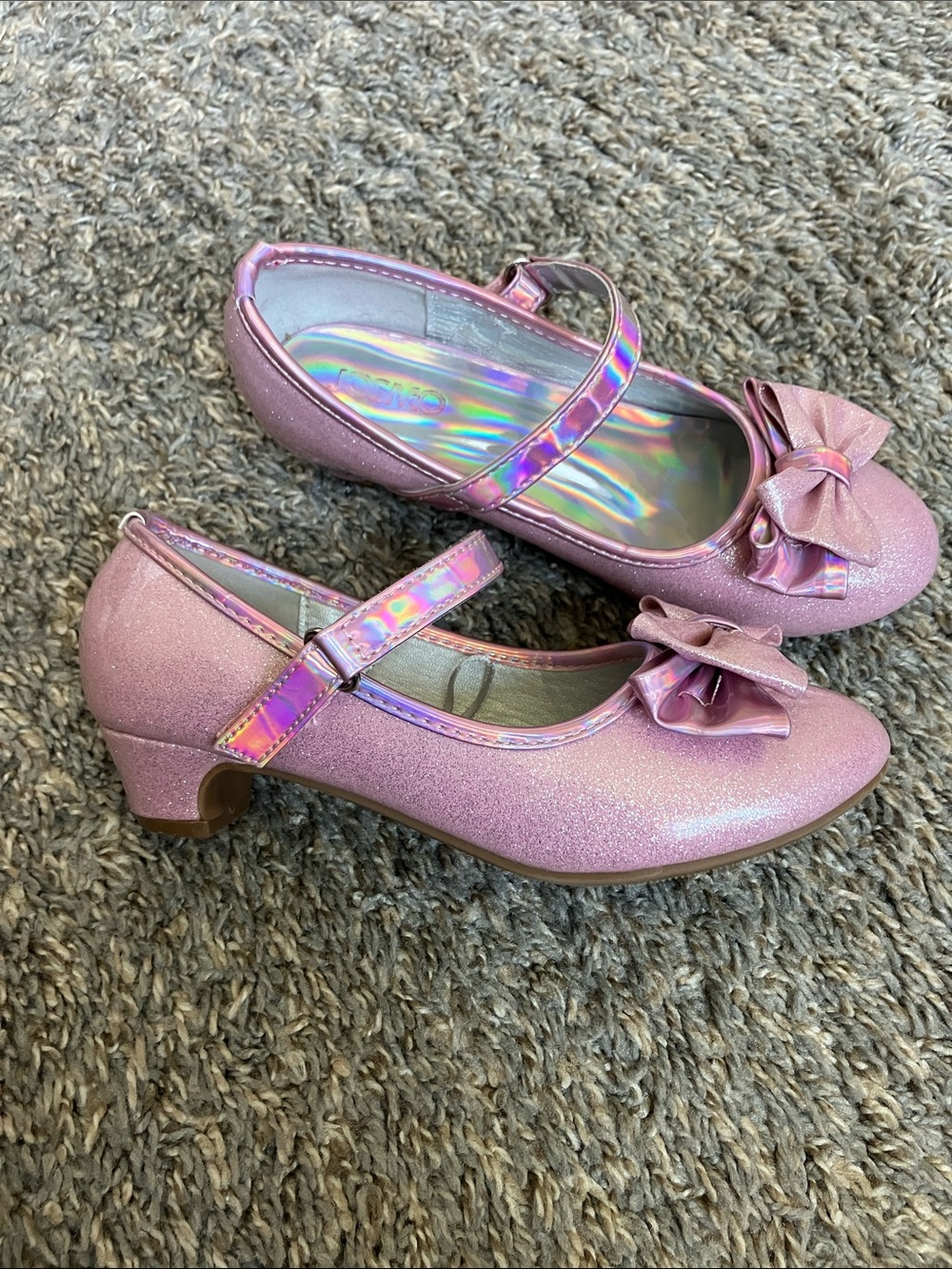 Light Pink Glitter Mary Jane Heels for Kids with Bow and Velcro strap